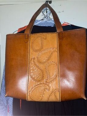 Women’s Leather Tote Bag in Tan with Embossed Paisley Panel